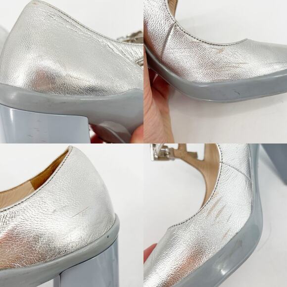 Prada F/W 2015 Silver Metallic Leather Mary Jane Rubber Trim Block Heels IT 37.5 - Picture 10 of 16